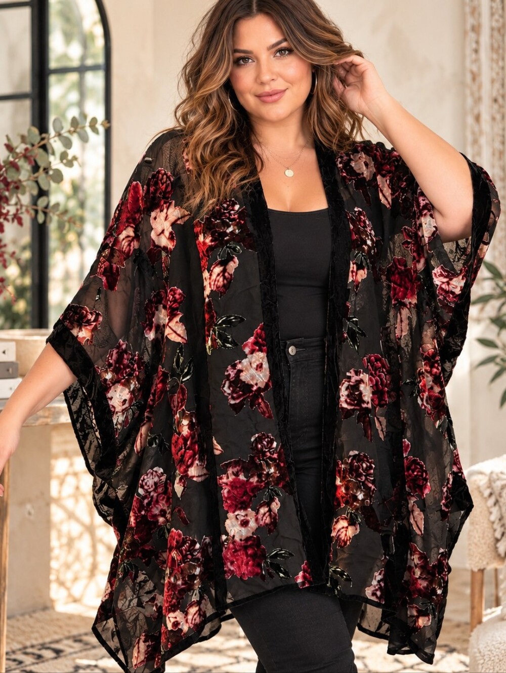 Torrid Kimono Burnout Velvet Floral Sheer Boho Gothic Romantic Duster Top sz 1 2